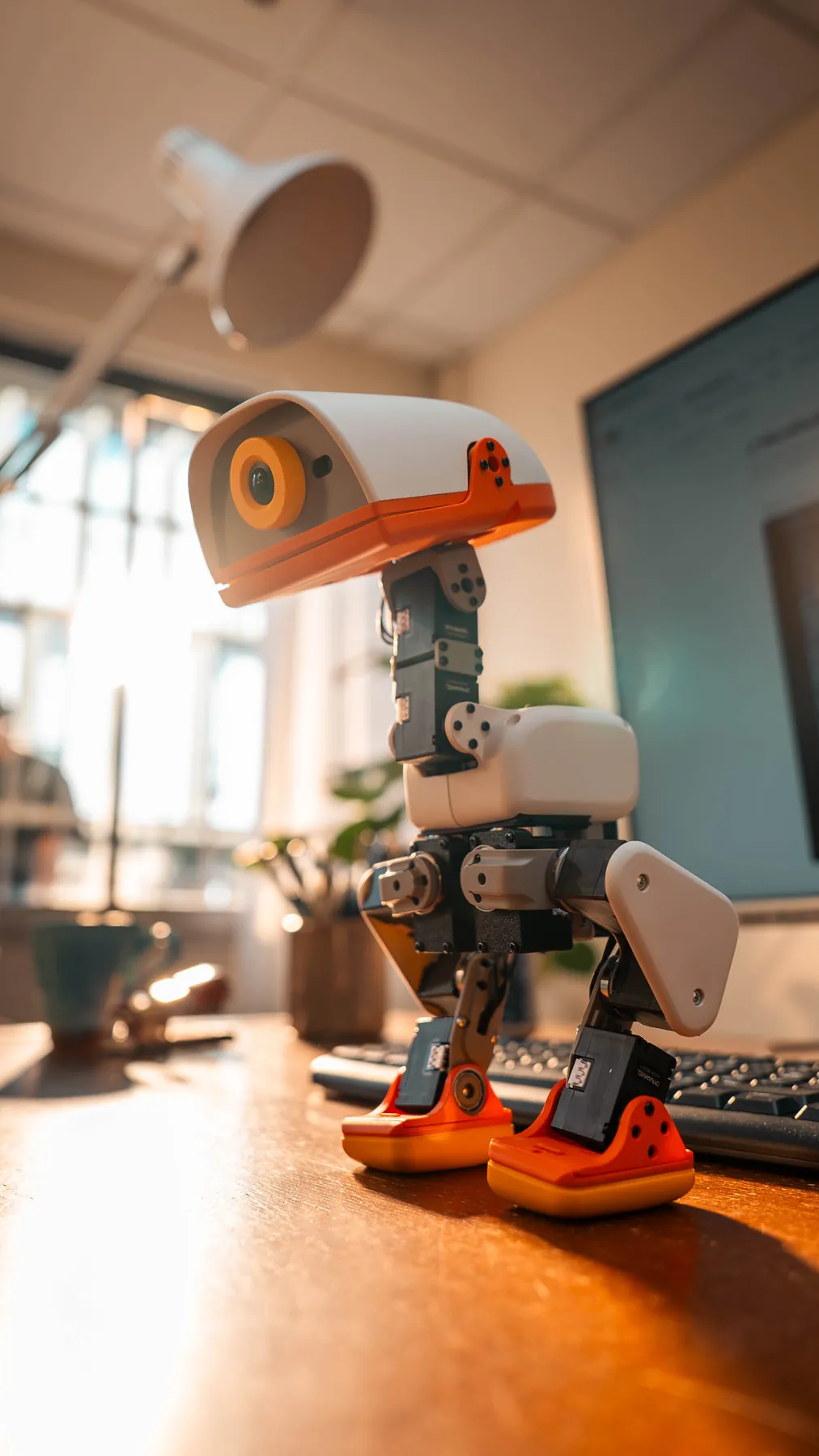 Close-up of a MACRODUCK standing on a desk in warm light