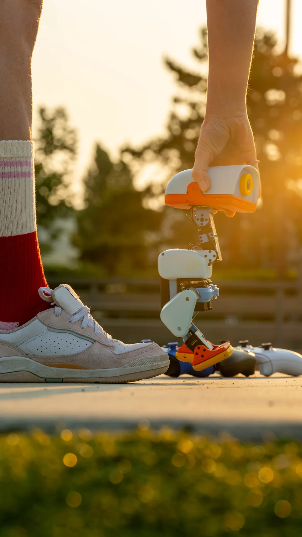 MACRODUCK outdoors at golden hour, next to a skater's shoe