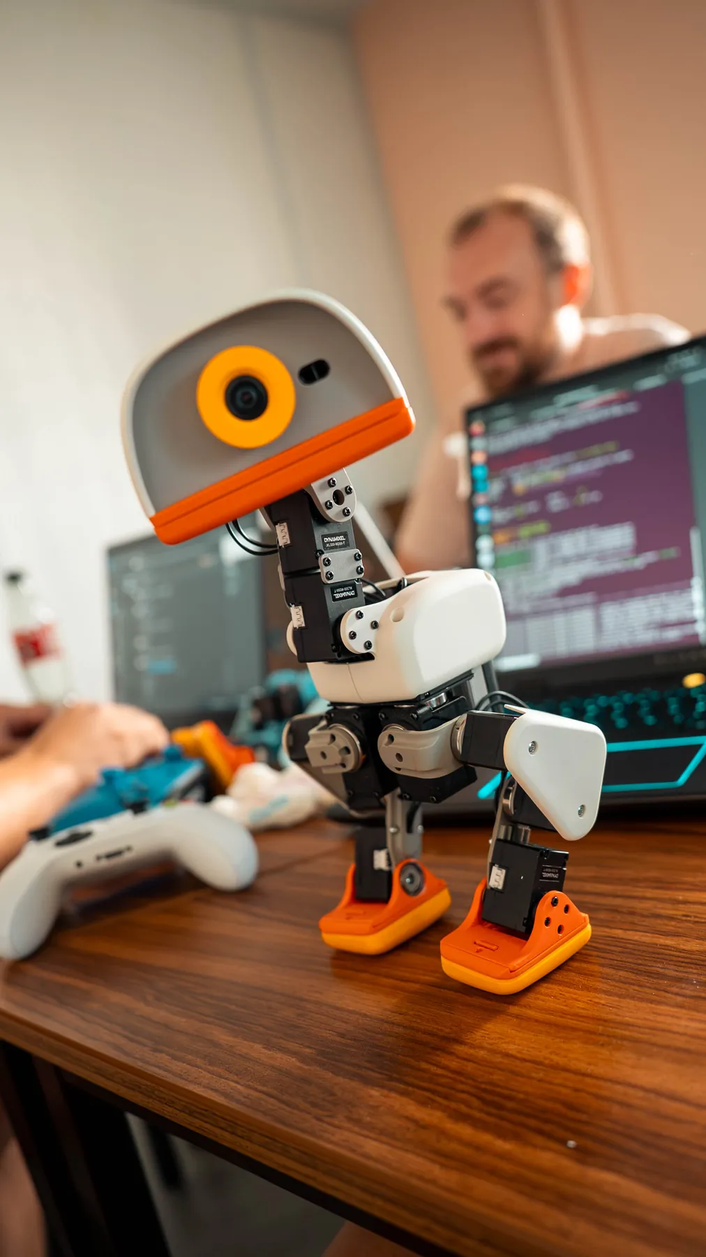 A MACRODUCK on a desk looking into the camera while someone codes behind it