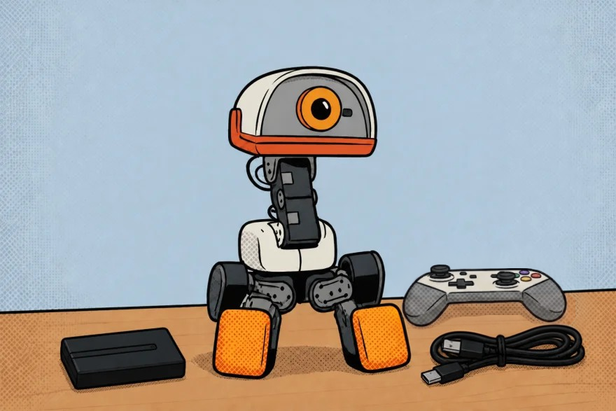 The MACRODUCK robot standing on a desk, drawn as a comic panel
